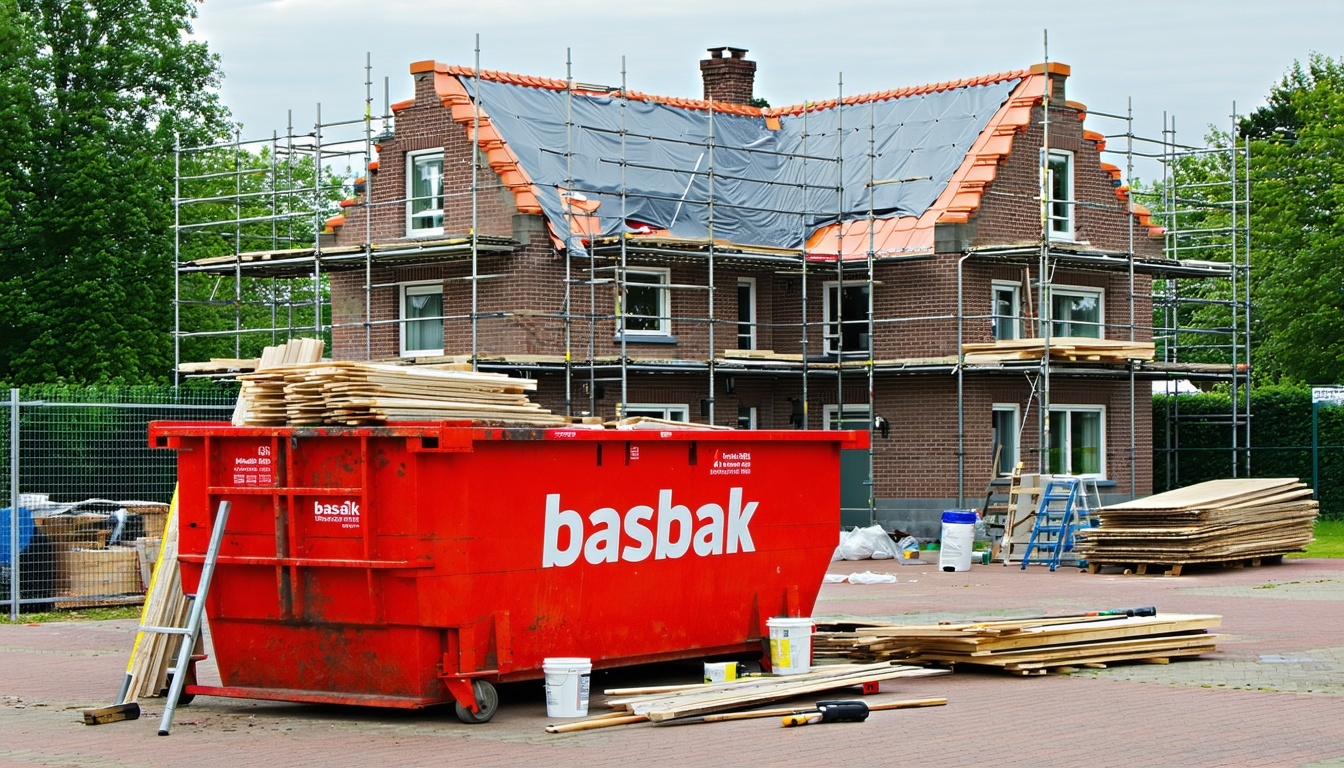 Imagine a picturesque scene capturing a traditional Dutch house its classic gabled roof and distinctive brick facade temporarily obscured by scaffolding and protective tarps hinting at the ongoing renovation work The house with its warm earthy tones