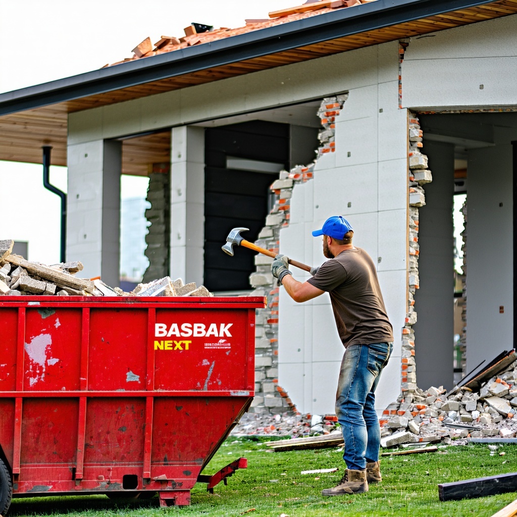 There is a red construction waste container visible from the Brand BASBAK next to it is a man with a sledgehammer working on a house demolition hitting a wall-1