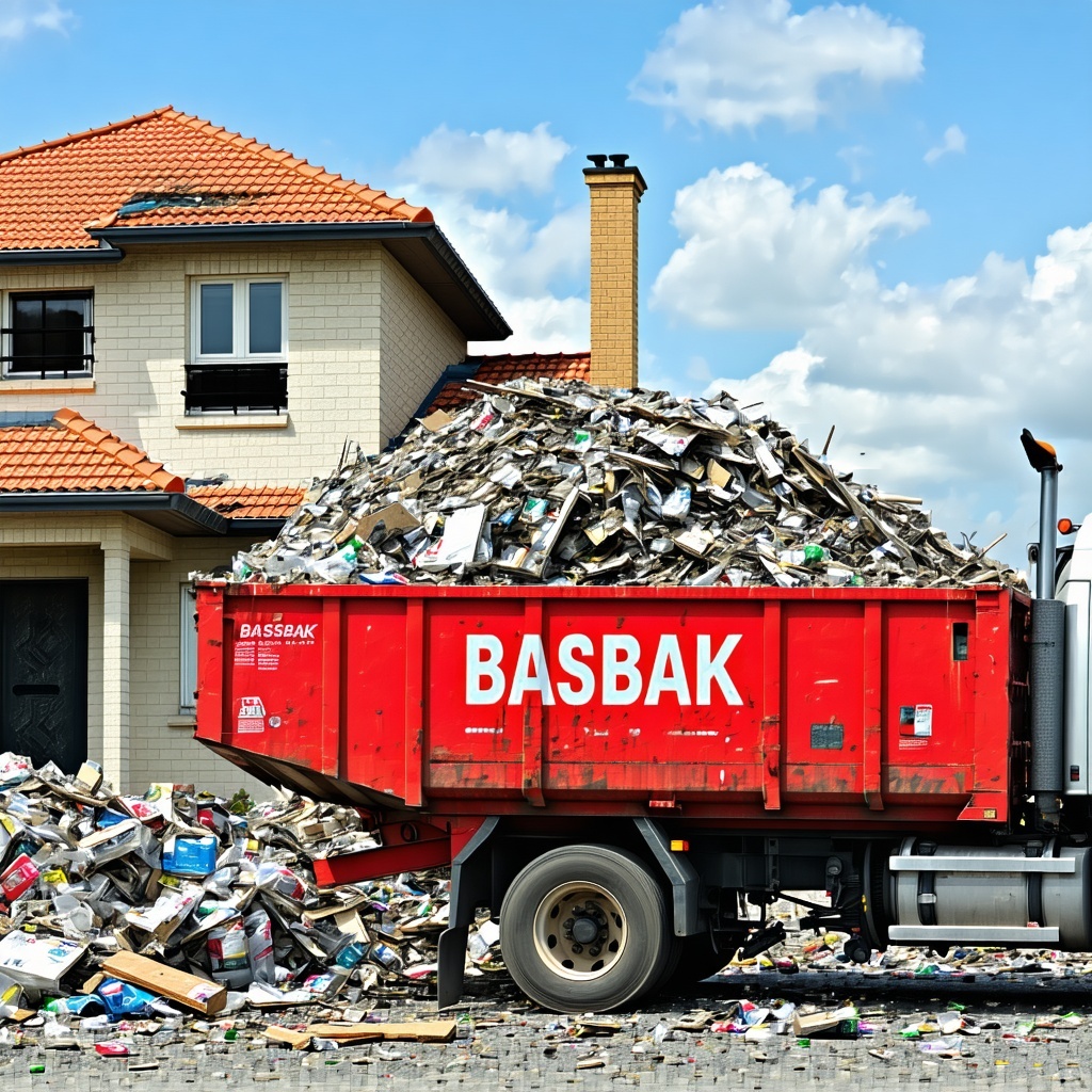there is a house being broken down and its waste is in a red container with the name BASBAK on it A truck is coming to pick it up and bring it back to the BASBAK HeadQuarters