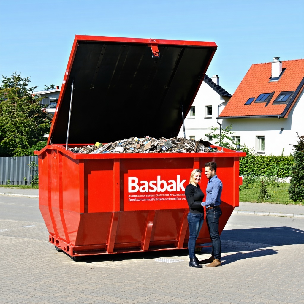 there is a red open top waste container used for building waste with company name Basbak on it with two people in front of it shaking hands In the bac