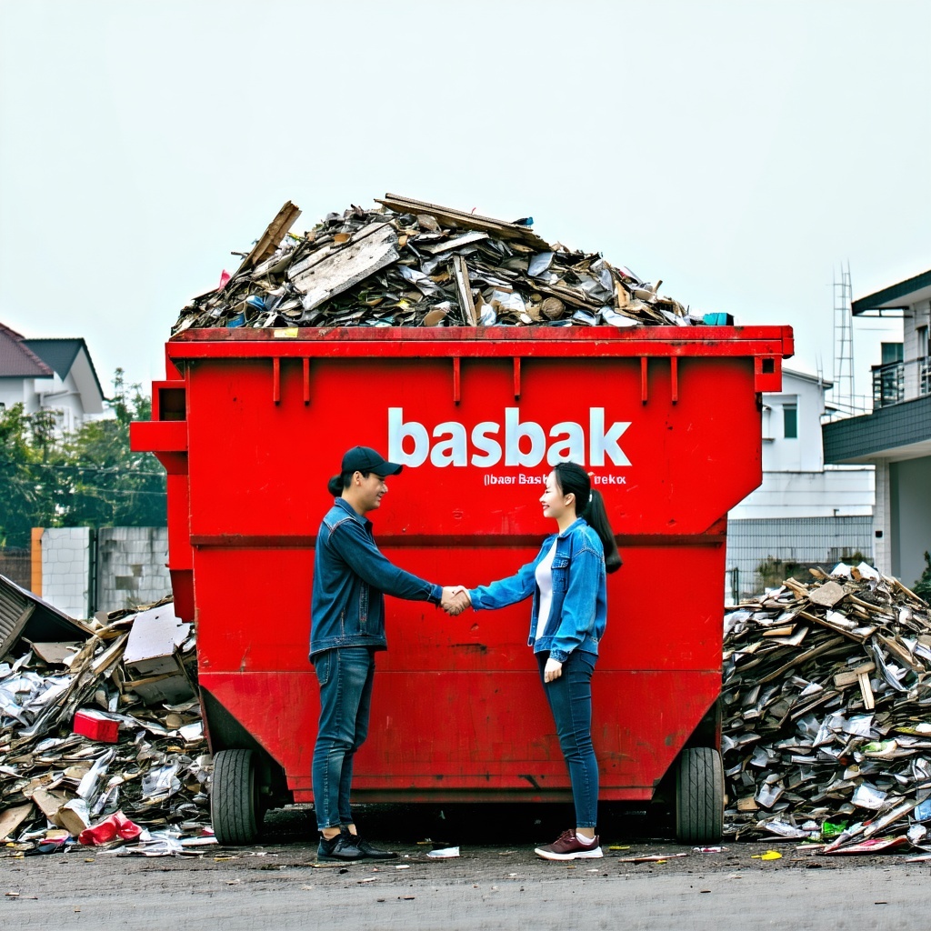 there is an open top red waste container of 6m2as tall as a person filled with building waste and of the company called basbak there are two people in-1